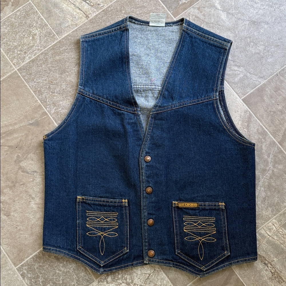 Vintage 70-80s  Men's western Denim Vest Embroidered Pockets M/L 🕰️
